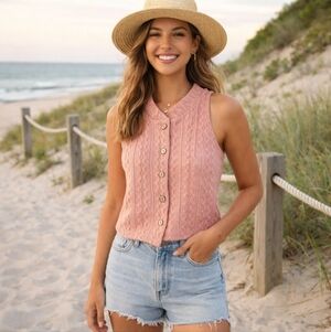 33 Coastal Blush Cable Knit Sweater Tank S Soft Romantic Beachy Preppy Cottage